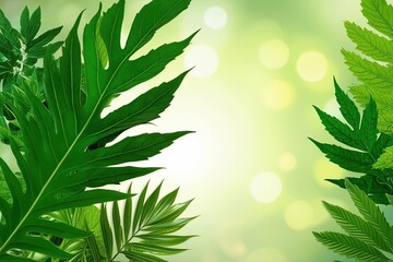 Three Dimensional Montage of Exotic Green Leaf Silhouettes on Bright Background