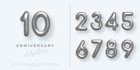 Wall Mural - Birthday anniversary silver numbers set template with number 10. Celebration birthday vector background. Platinum numbers in form of balloons on gray. Party invitation, greeting card, poster, event.