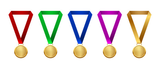 Wall Mural - gold medal with different color ribbons for first place. realistic vector illustration set. realisti