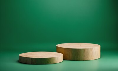 Wall Mural - Two round wooden podiums on a green background