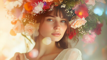 Woman with floral crown in serene setting.