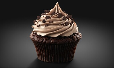 Chocolate cupcake topped with chocolate frosting and chocolate chips