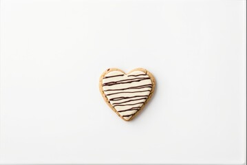 Heart-shaped cookie with white frosting and chocolate drizzle