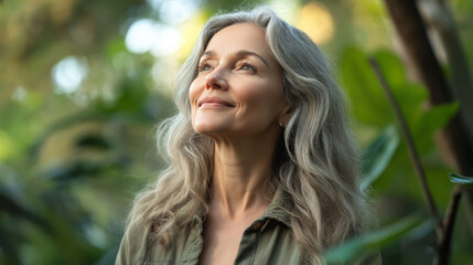 Serene mature woman enjoying nature in a forest