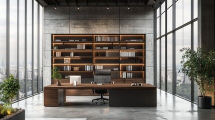 Minimalist office featuring wooden furniture and concrete accents, with a large bookcase and floor-to-ceiling windows offering a stunning view.