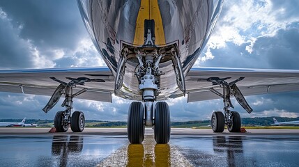 Airplane Landing Gear Close-up Under Cloudy Sky