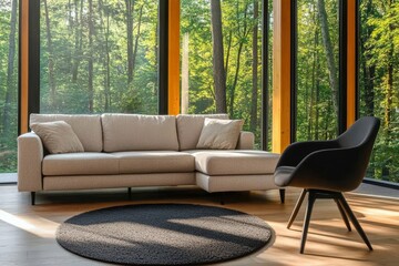 Wall Mural - Modern Living Room Interior With Beige Sofa, Panoramic Forest View, And Stylish Black Armchair