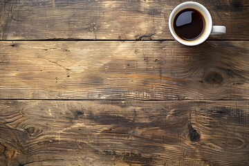 Cup of coffee on wooden table. Top view with copy space