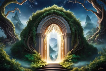 A majestic, dreamlike fantasy scene featuring a grand, ornate portal archway