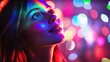 © savittree - Portrait of a young woman in a club party setting, vibrant colored lights dancing across her face, dynamic and lively atmosphere.