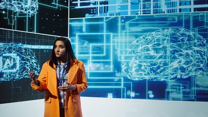Poster - Tech company CEO using conference as platform to present latest AI services. Woman uses microphone to talk at convention with business investors interested in artificial intelligence, camera B