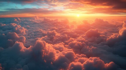 Wall Mural - A vibrant sunset over fluffy clouds, showcasing nature's beauty.