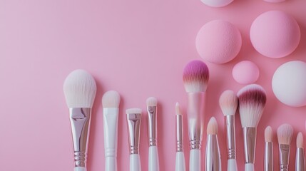 Professional makeup tools displayed on a soft gradient background, featuring brushes and beauty blenders with empty space for product details.