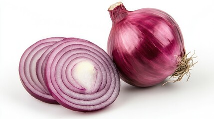 Wall Mural - Red onion sliced and whole, sitting on a pure white background, showcasing its bright purple exterior and sharp white core.