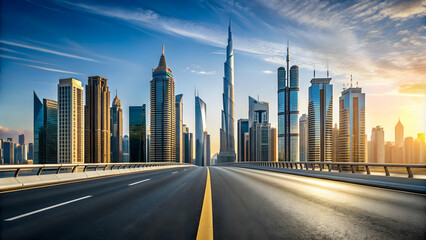 Empty highway leading to modern Dubai skyline with skyscrapers, empty, highway, modern, Dubai, skyline, skyscrapers