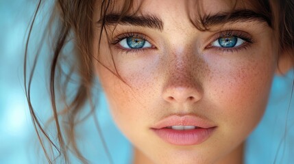 Wall Mural - Beautiful woman with blue eyes and freckles posing on blue background