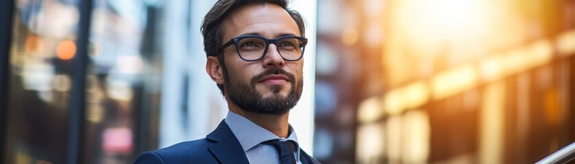 Confident Businessman in Suit Looking Up with Cityscape Background