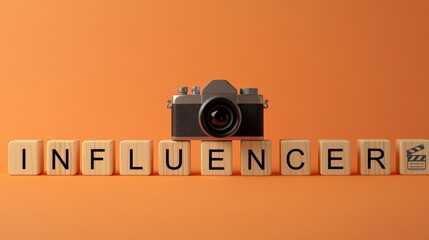 Wall Mural - Influencer wooden block on orange background with camera for content creator concept.