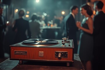 Vintage turntable playing music at a party.