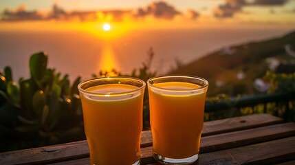 Canvas Print - On the island of madeira and two distinct cups of juice at sunset