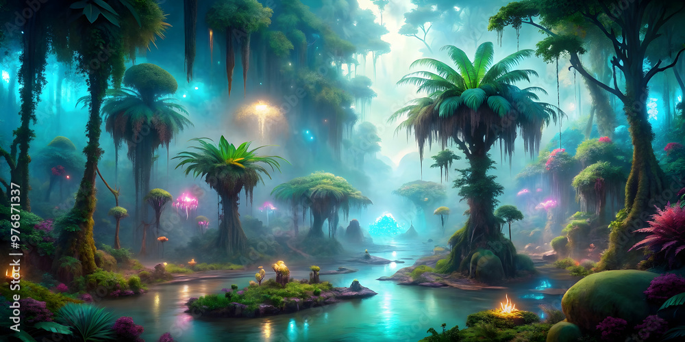 Ethereal alien jungle with enigmatic bioluminescent trees and exotic ...