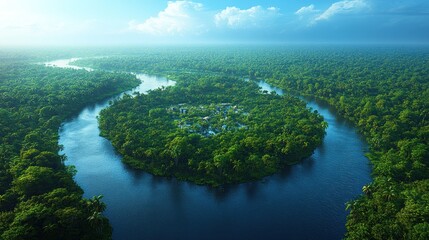 Aerial view of a lush, green island surrounded by winding rivers.