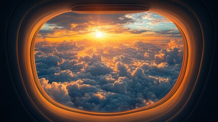 Wall Mural - Sunset view from an airplane window above the clouds.