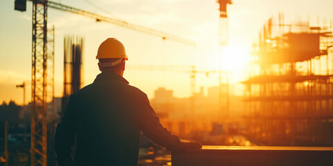 Construction worker observing a building site during sunset, with cranes and unfinished structures in the background, symbolizing progress and industrial development