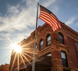 Sticker - An American flag waves in the wind against a brick building with the sun shining brightly in the background. AI.