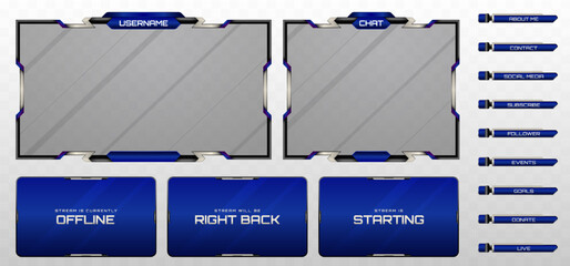 Wall Mural - Stream Overlay Webcam Screen Frame and Stream Alert GUI Panels in Metallic Black, Silver, and Navy Blue Color Theme for Gaming and Live Video Streaming Platforms