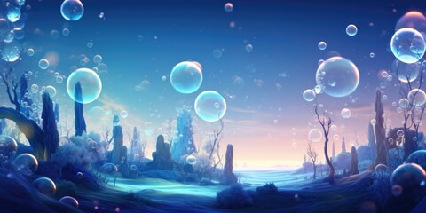 Wall Mural - a whimsical landscape filled with floating bubbles and ethereal trees. ai.