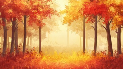 Poster - Vibrant Autumn Woodland Landscape with Golden Sunlight