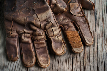 A close-up image of a pair of old, dirty leather work gloves, laid out on a weathered wooden surface