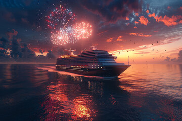 A luxury cruise ship sails on the sea against the background of sunset. Fireworks as a holiday concept. Christmas trip..