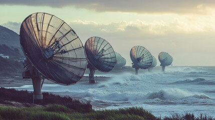 An array of satellite dishes stands on coastline, facing turbulent waves and dramatic sky. scene captures blend of technology and natures power