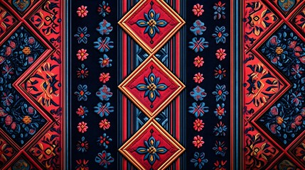 sin fabric pattern with vibrant blues and reds, traditional thai weaving art, regional pattern from 