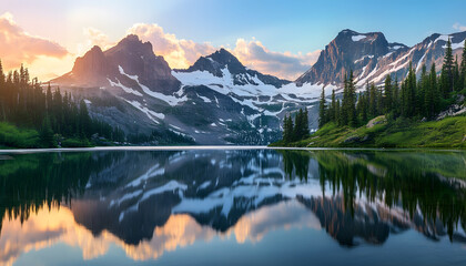  Nature Bliss: A serene mountain landscape with a lake reflecting the snowy peaks at sunrise