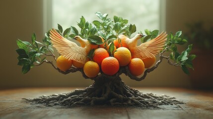 Wall Mural - A whimsical scene of birds and oranges on a tree.