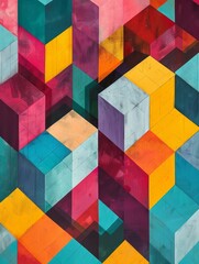 Poster - vibrant and intricate geometric design featuring a series of cubes arranged in an isometric pattern