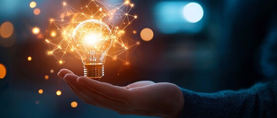 Wall Mural - a glowing light bulb held in a hand, symbolizing creativity, innovation, and bright ideas in a dark 