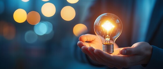 Wall Mural - a glowing light bulb held in hands symbolizes innovation, creativity, and bright ideas amidst a colo