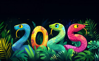 Wall Mural - 2025 Happy Chinese New Year greeting card illustration. The number 2025 is formed by bright snakes with a glowing light effect and tropical greenery texture on a dark holiday background