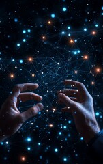 Wall Mural - a pair of hands reaching out towards a cosmic network of stars and connections, symbolizing technolo