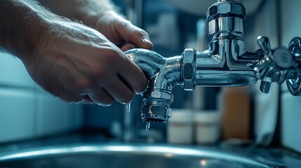 A close-up view of hands tightening a flexible pipe beneath a bathroom sink, the textures of the pipe and tools are crisply rendered in 8K