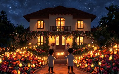 Two children stand hand in hand by a cozy house adorned with glowing lights and vibrant flowers under a starry night sky.