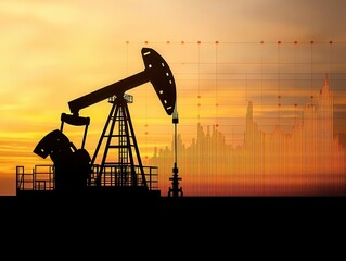 A silhouetted oil pump jack against a vibrant sunset, symbolizing the oil industry and energy production.