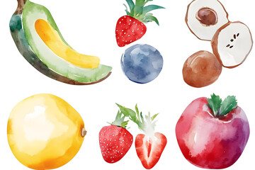 Canvas Print - Assorted fruits in watercolor, displayed against a white background. Perfect for a vegetarian meal.