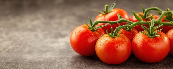 Fresh red tomatoes with green stems arranged on a rustic background, perfect for culinary and food-related themes.