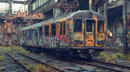 Graffiti-covered train car in a railyard surrounded by industrial equipment, capturing urban energy and creative expression.