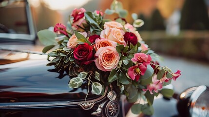 Wall Mural - A wedding flowers perches on a traditional wedding car